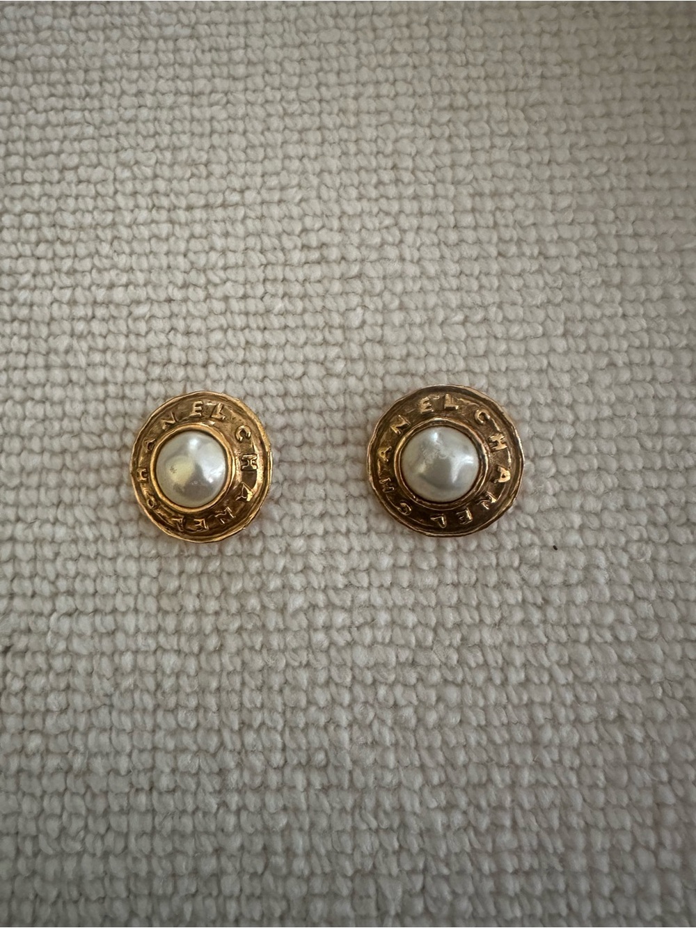 CHANEL Gold-Tone Button Earrings with White Faux Pearls